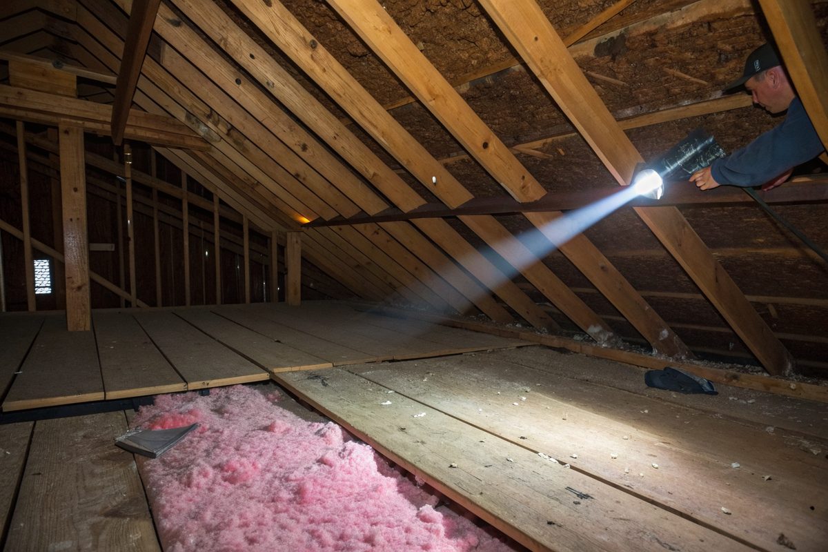 A flashlight beam crossing attic rafters and the underside of the roof decking above pink insulation
