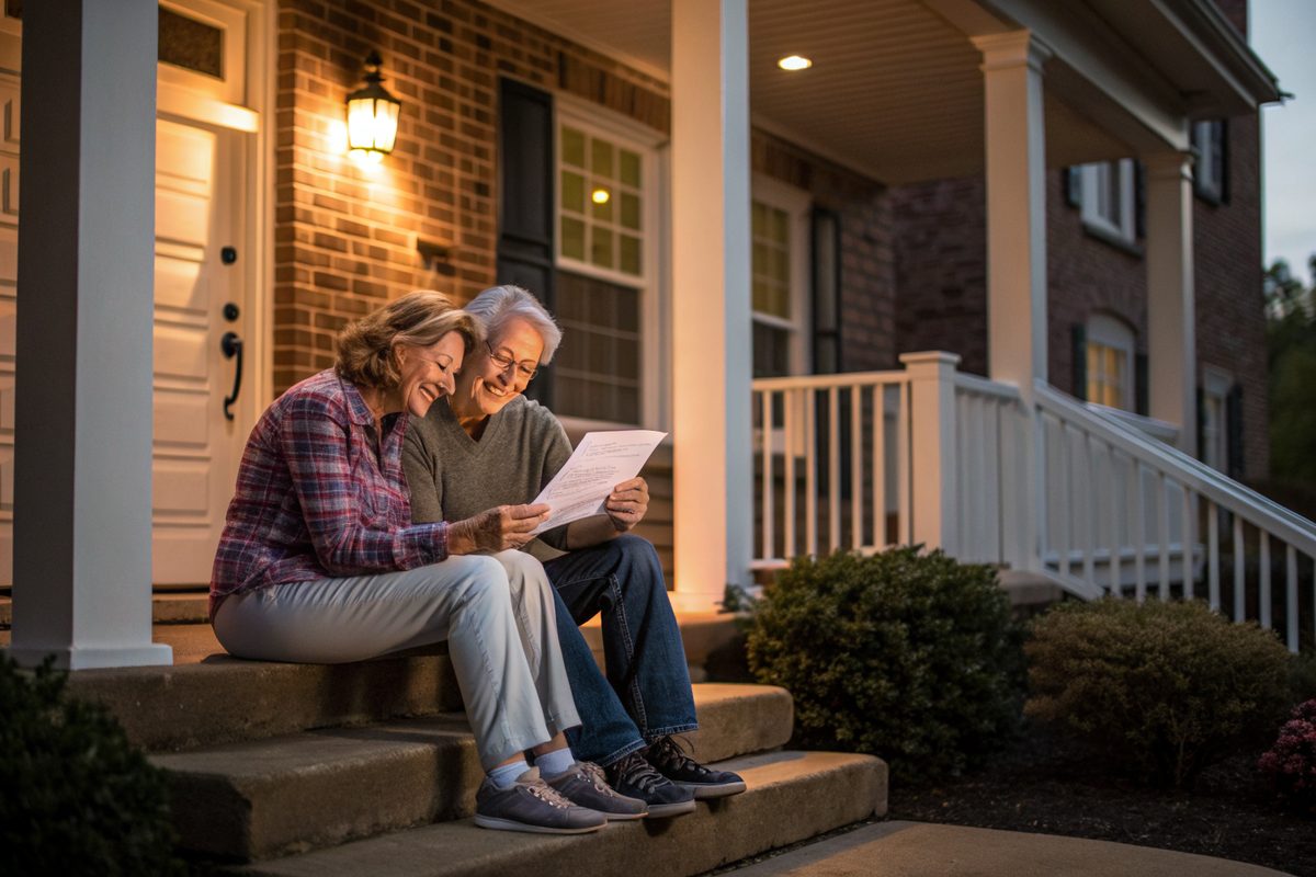 An older couple sitting on their front porch steps reading a printed roofing estimate together