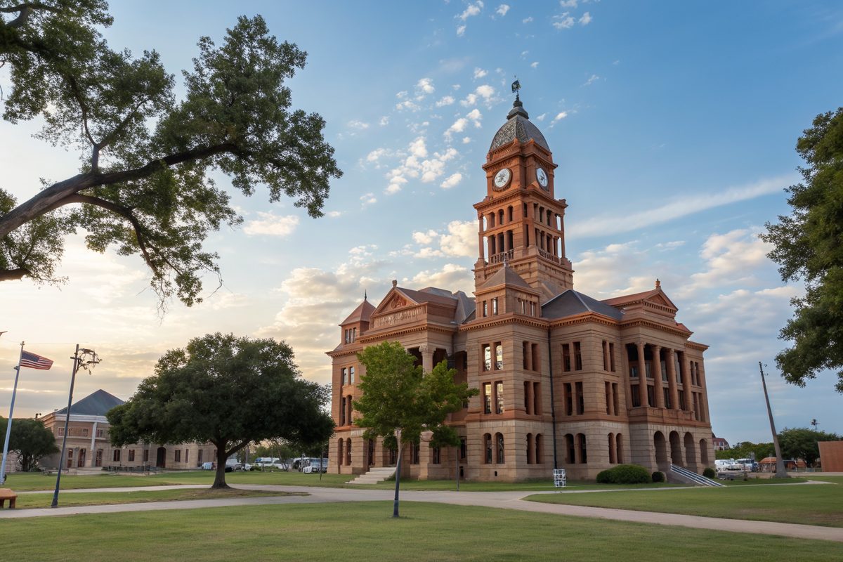 An ornate red stone 1890s county courthouse with a clock tower on a lawn shaded by big trees