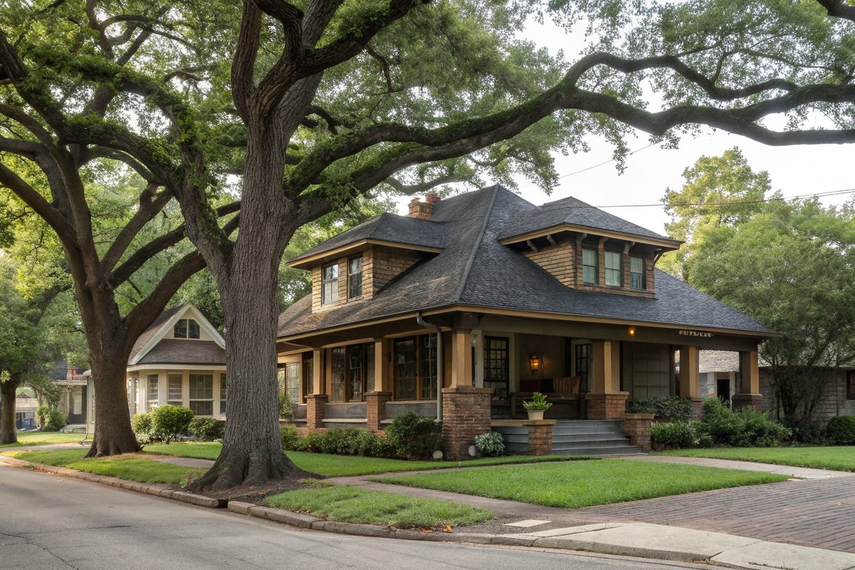 A craftsman bungalow with a deep front porch and a dark shingle roof under a huge shade tree
