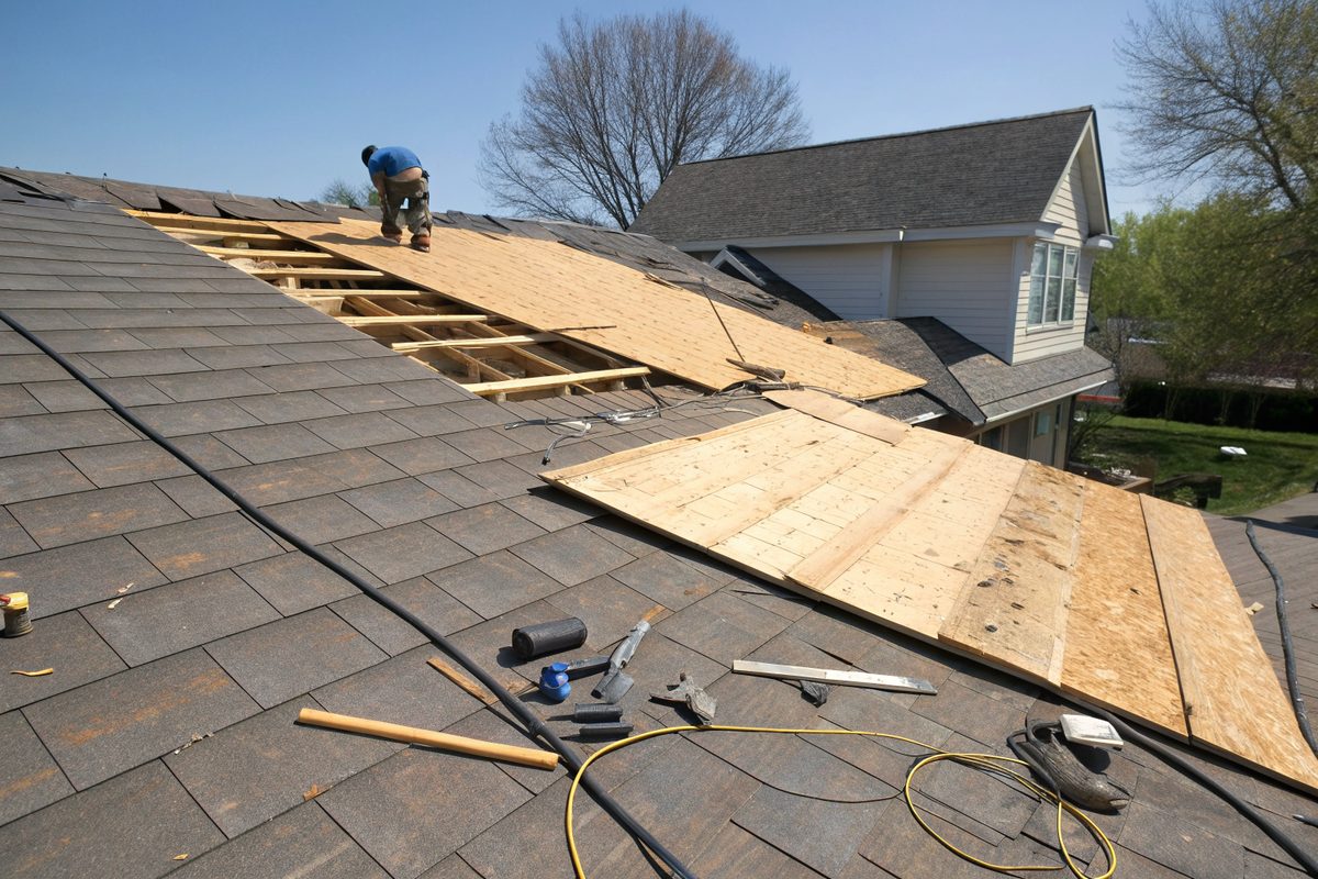 New plywood decking sheets laid over a section of roof during a tear-off, with tools on the shingles