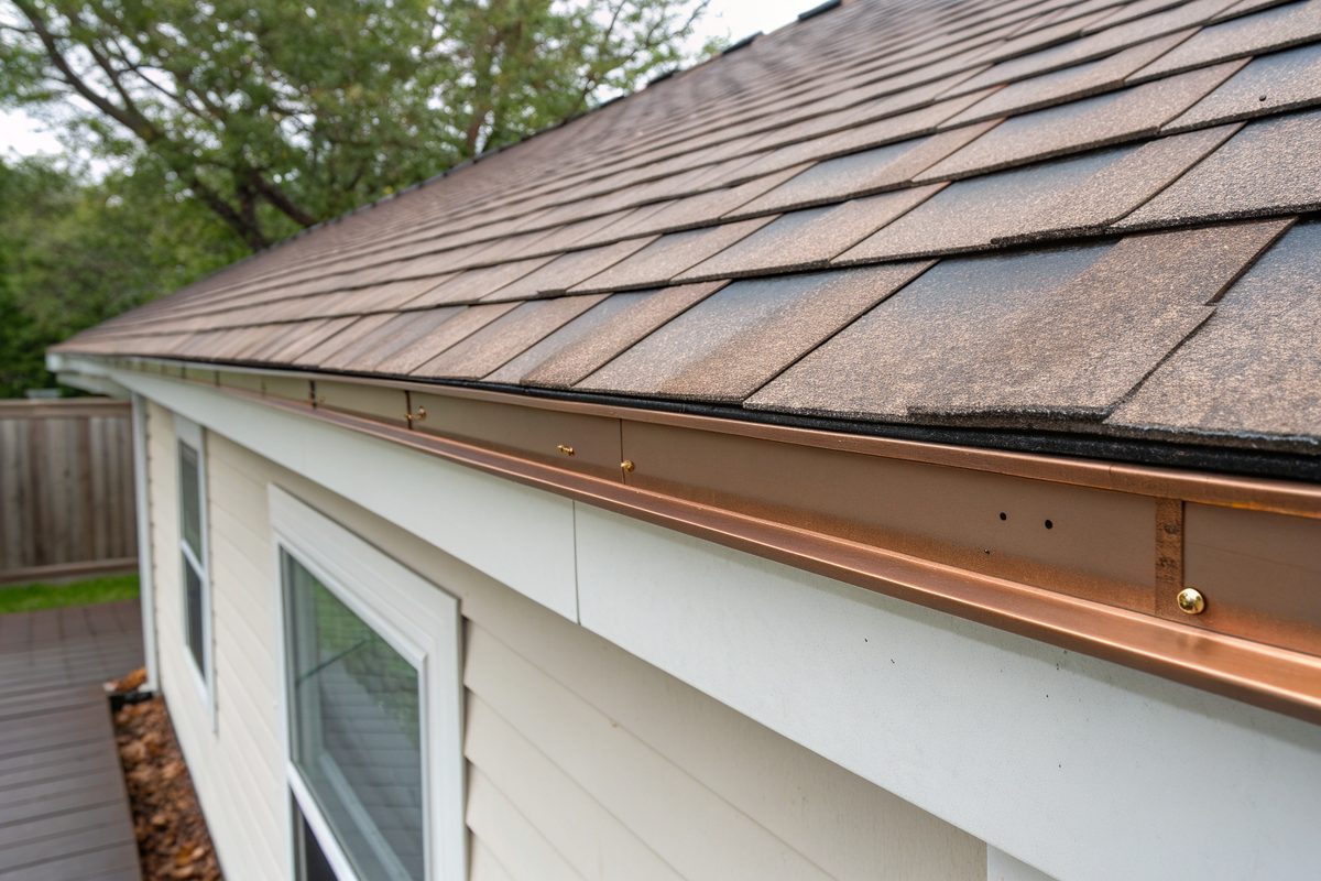 A metal drip edge and gutter along the eave of a house below brown asphalt shingles
