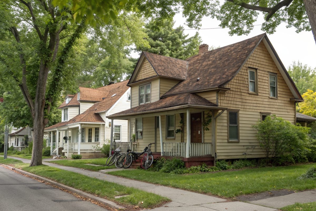 Older two-story frame rental houses with worn brown shingle roofs and bikes on the porch on a leafy street