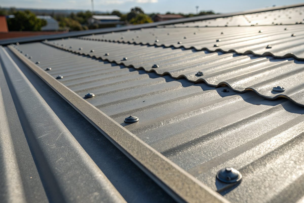 Close view of gray exposed-fastener metal roof panels with rows of screws and washers