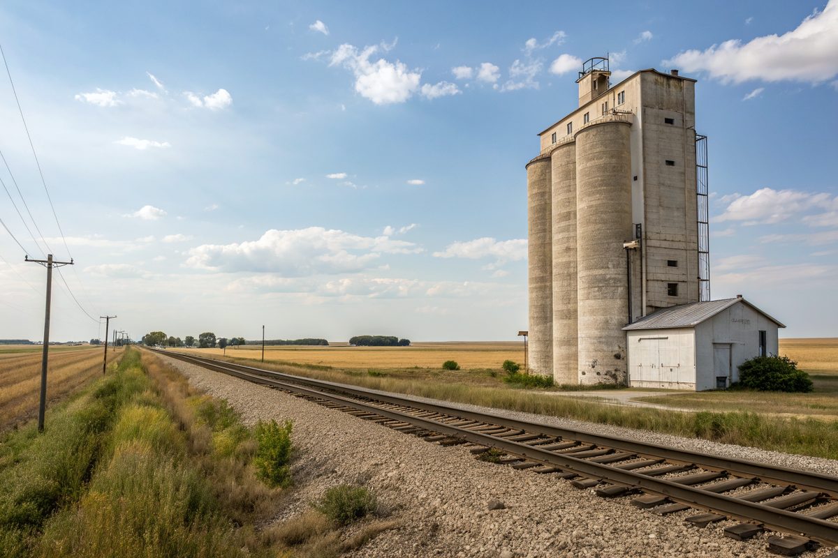 A tall concrete grain elevator beside railroad tracks and wheat fields in a small farm town