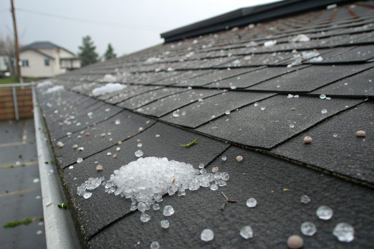 Hailstones and ice pellets scattered across a charcoal shingle roof after a storm