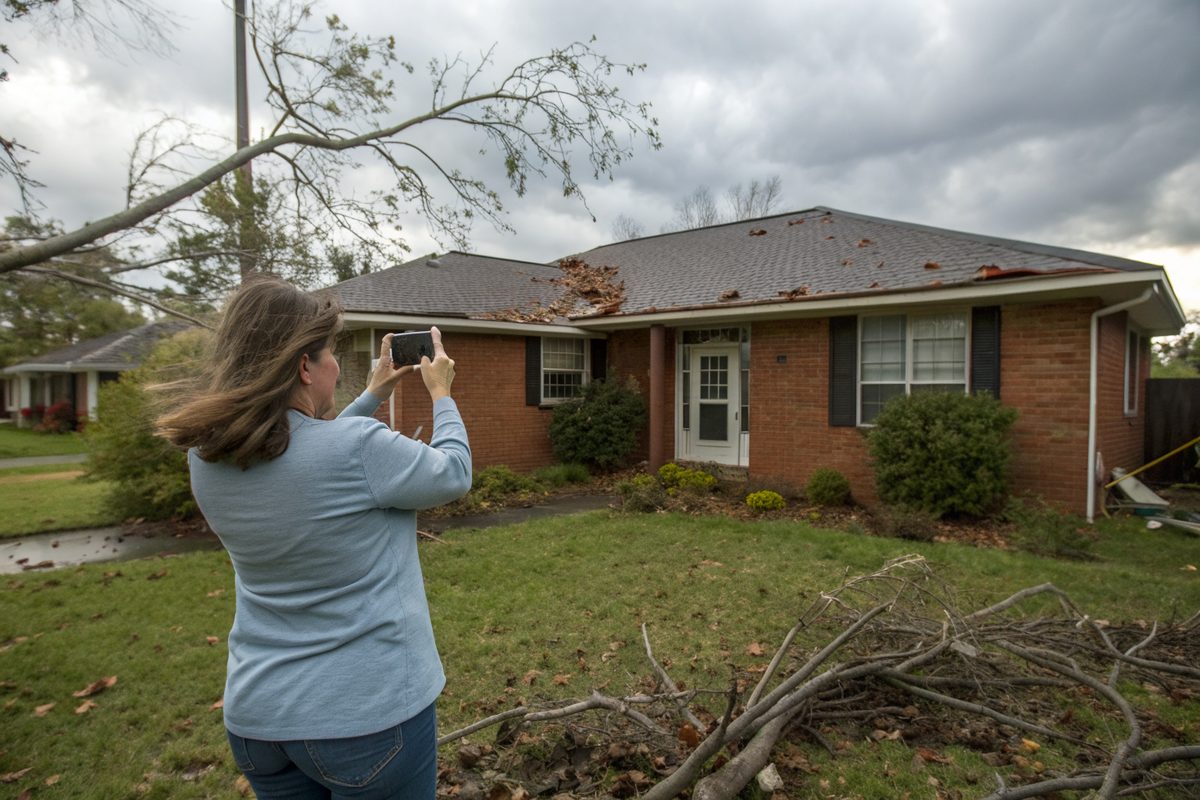 A woman photographing her brick house's damaged roof with a phone, with broken branches on the lawn