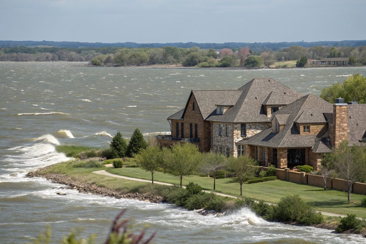 Two-story brick and stone homes on the shore of a wide lake with whitecaps on a windy day