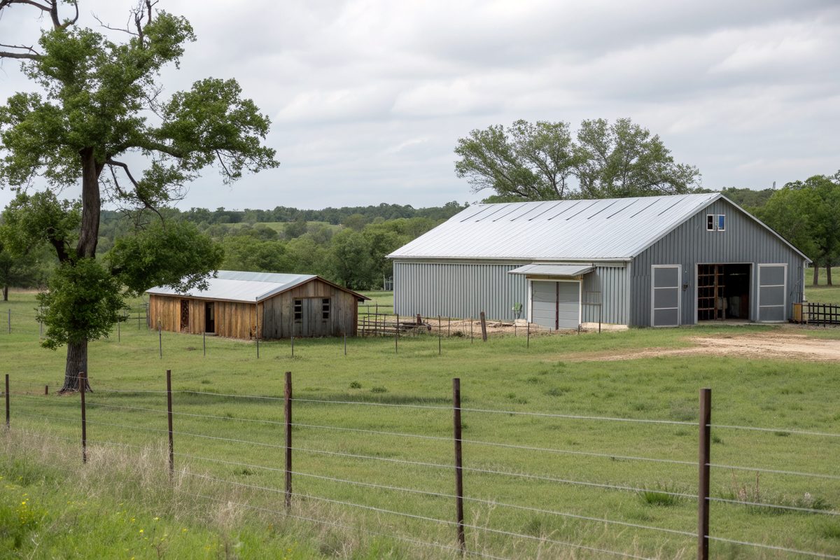 A gray steel shop and a small wood barn with metal roofs on a fenced pasture with oak trees