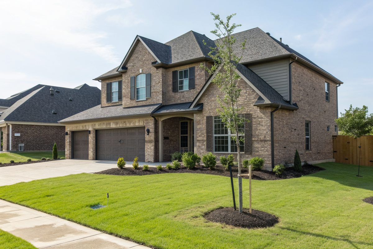 A new two-story brick home with a charcoal shingle roof, fresh sod and a young tree