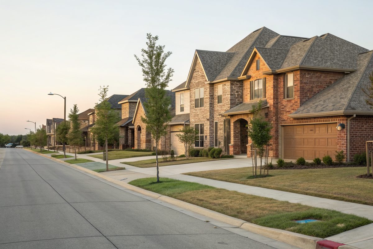 A newer street of two-story brick and stone homes with gray shingle roofs and young trees