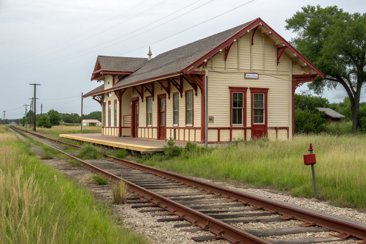 A restored cream and red wooden railroad depot beside the tracks in a small town
