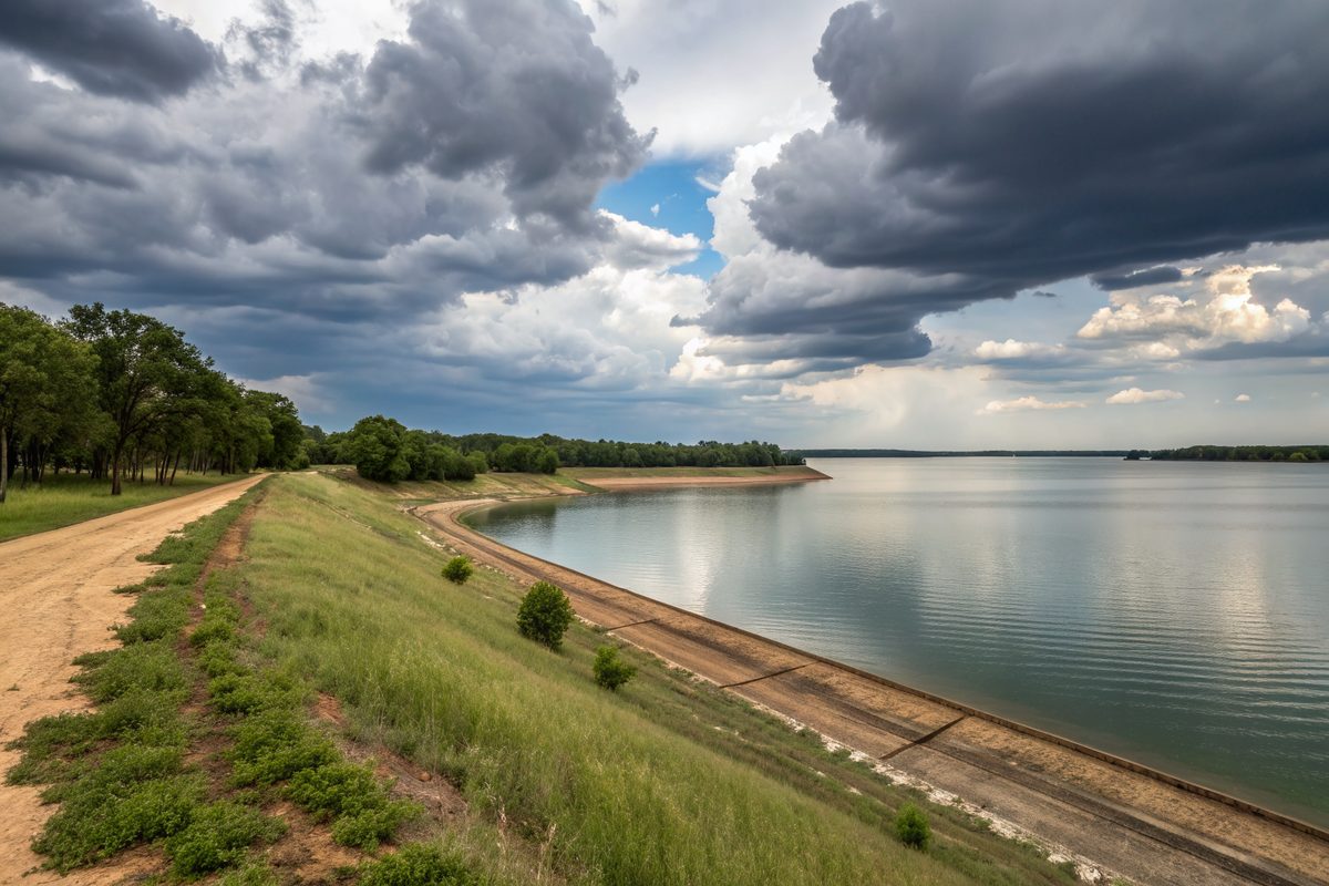 A long grassy earthen dam beside a wide reservoir under big storm clouds