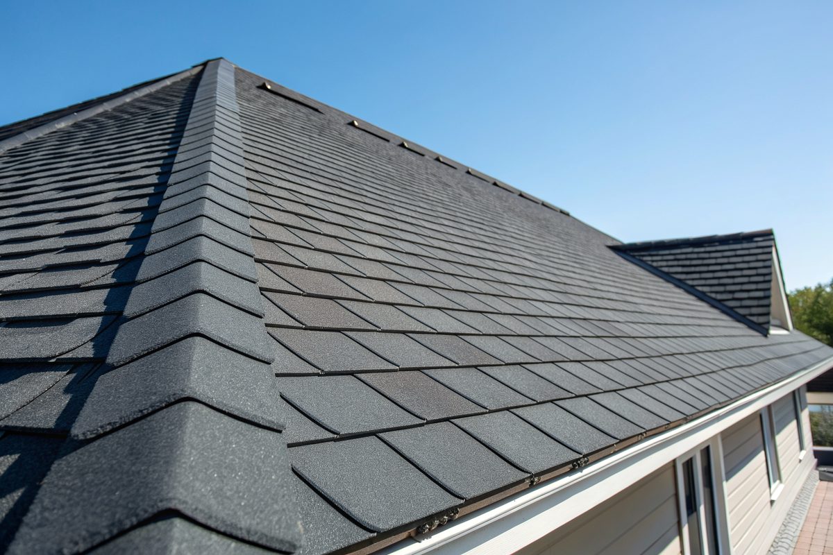 The ridge of a new charcoal shingle roof against a clear blue sky