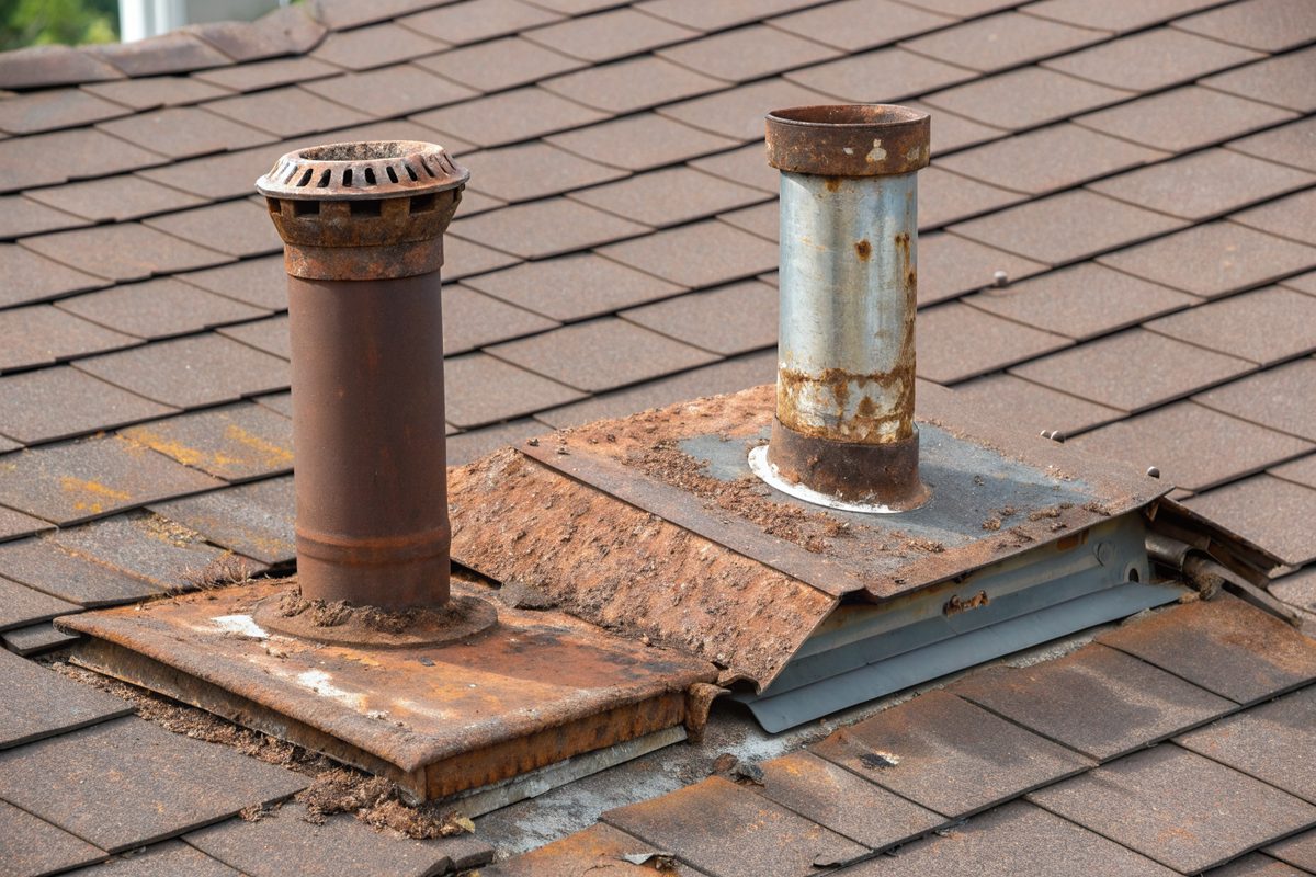 Rusted vent pipes and a rusted box vent on a worn shingle roof