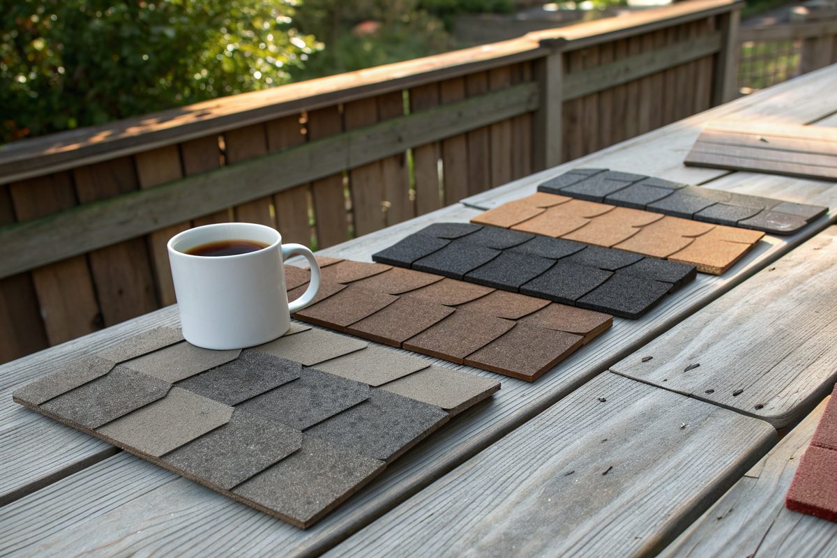 Asphalt shingle samples in several colors laid on a porch table beside a cup of coffee