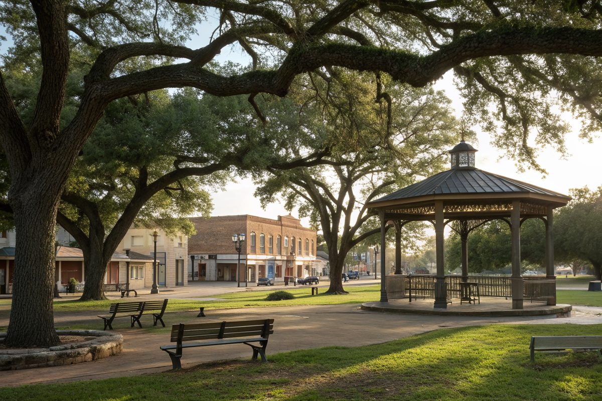 A shady town square park with a gazebo, benches and big oak trees, with brick buildings beyond