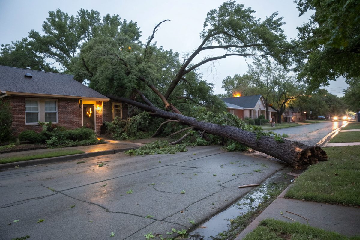 A large broken tree lying across a wet neighborhood street at dawn after a windstorm