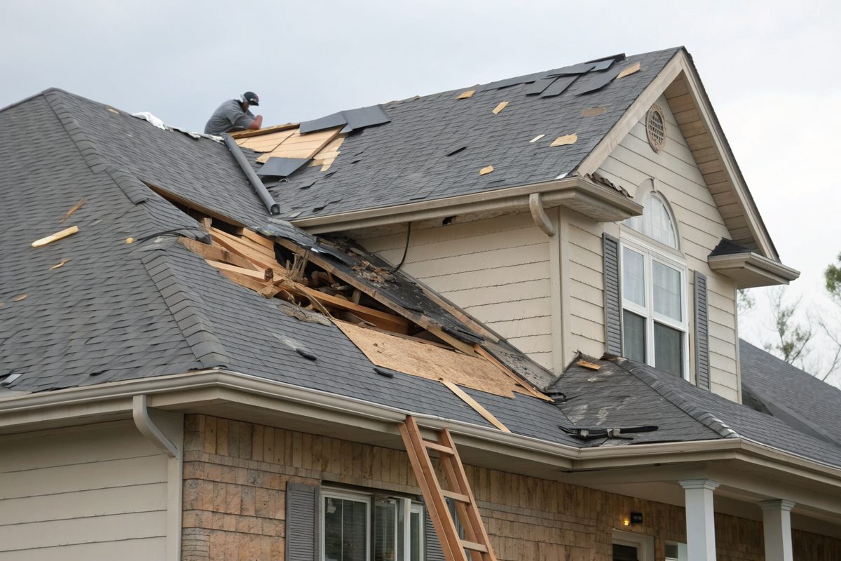 A house roof with shingles and decking torn open near the ridge after a windstorm